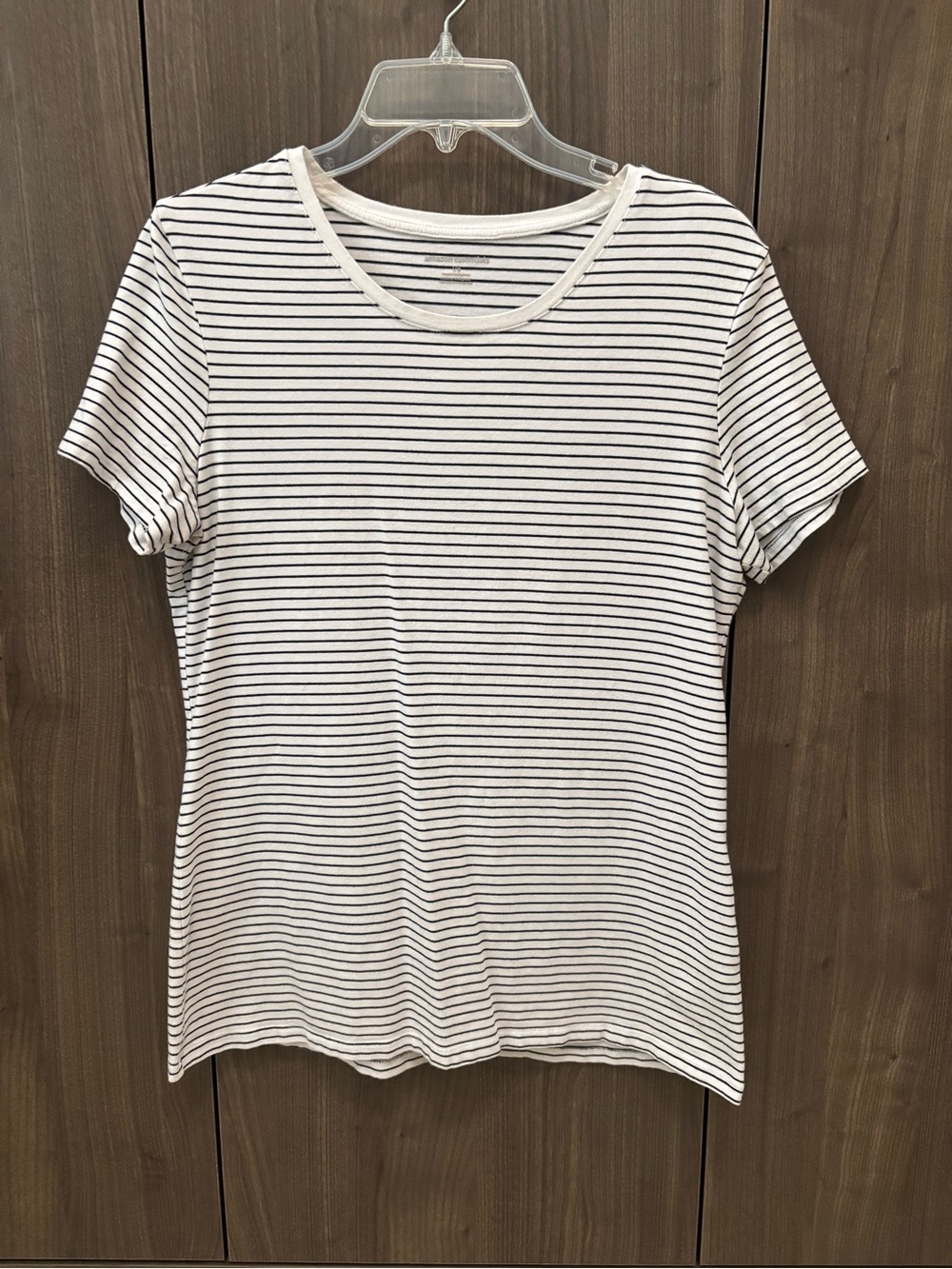Amazon Essentials Women’s White Crewneck Striped Tee with Black Pinstripes